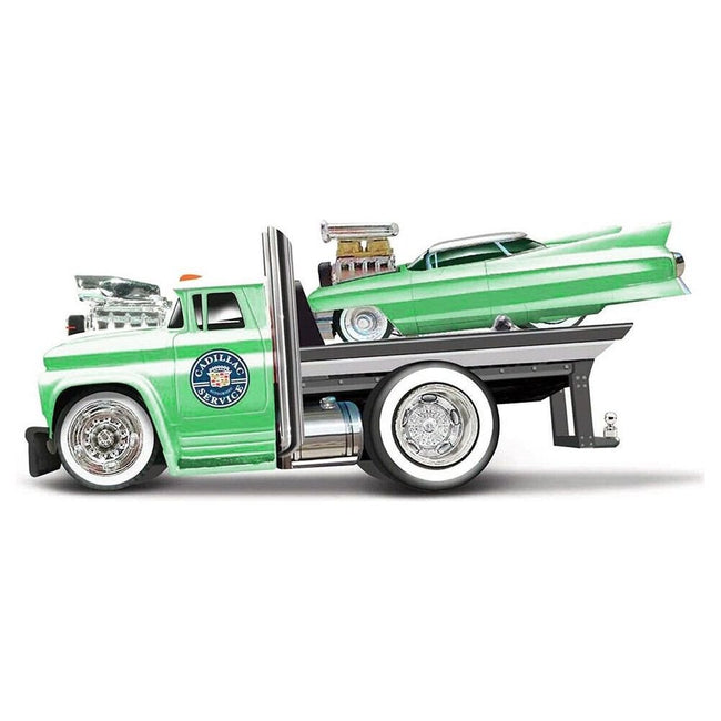 1966 Chevrolet C60 Flatbed Truck Green Metallic with White Top "Cadillac Service" and 1961 Cadillac Coupe Green Metallic with White Top "Muscle Transports" Series 1/64 Diecast Models by Muscle Machines - Muscle Machines - ModelCars.com