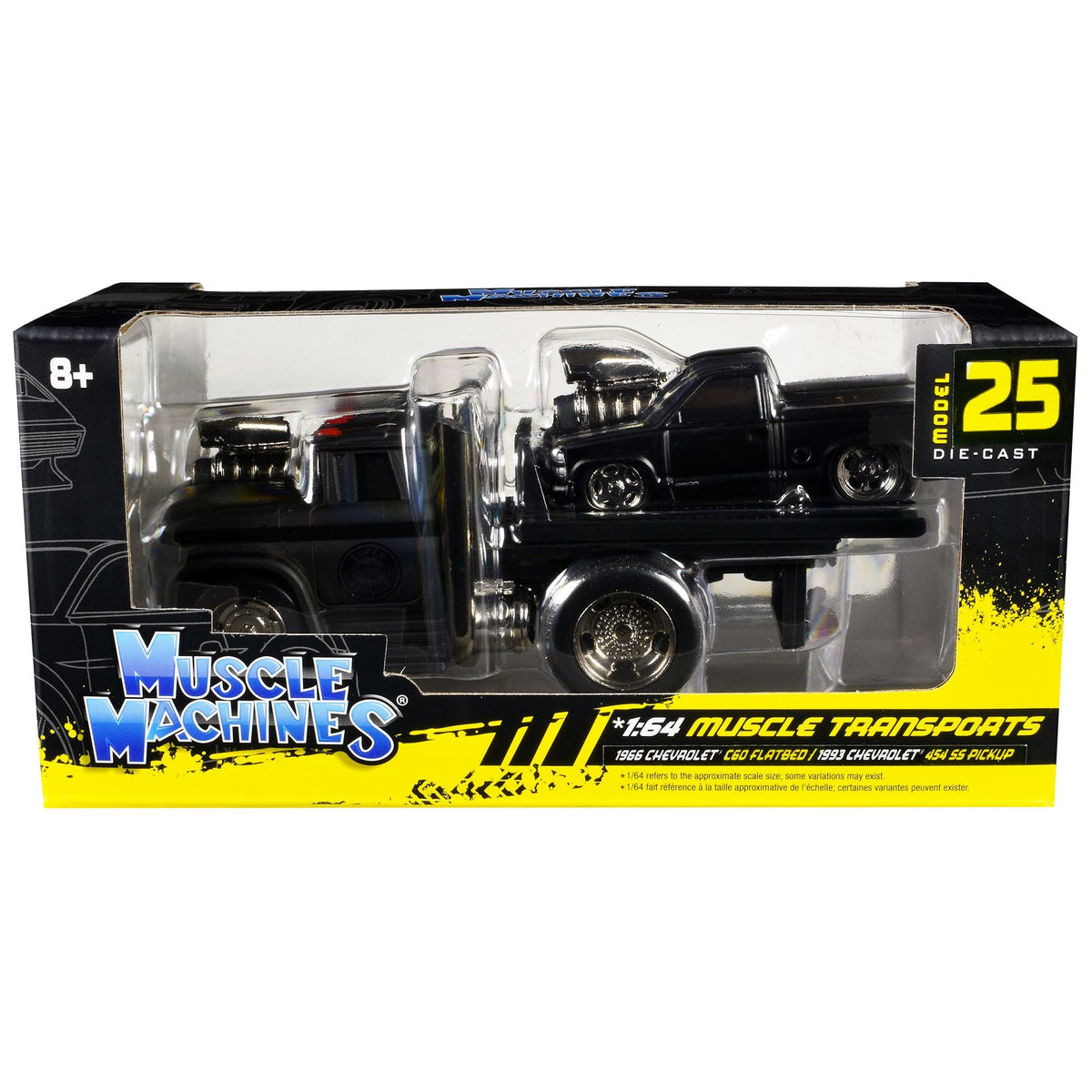 1966 Chevrolet C60 Flatbed Truck Matt Black and 1993 Chevrolet 454 SS Pickup Truck Matt Black "Muscle Transports" Series 1/64 Diecast Models by Muscle Machines-Muscle Machines-ModelCars.com