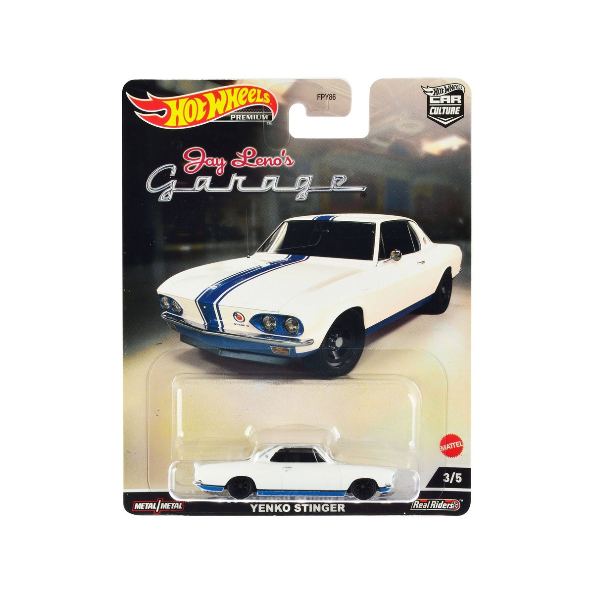 1966 Chevrolet Corvair Yenko Stinger White with Blue Stripes "Jay Lenoâ€™s Garage" Diecast Model Car by Hot Wheels-Hotwheels-ModelCars.com
