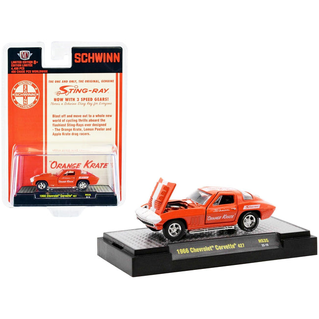 1966 Chevrolet Corvette 427 68 Orange with White Stripes and Graphics "Schwinn Orange Krate" Limited Edition to 4400 pieces Worldwide 1/64 Diecast Model Car by M2 Machines-M2-ModelCars.com