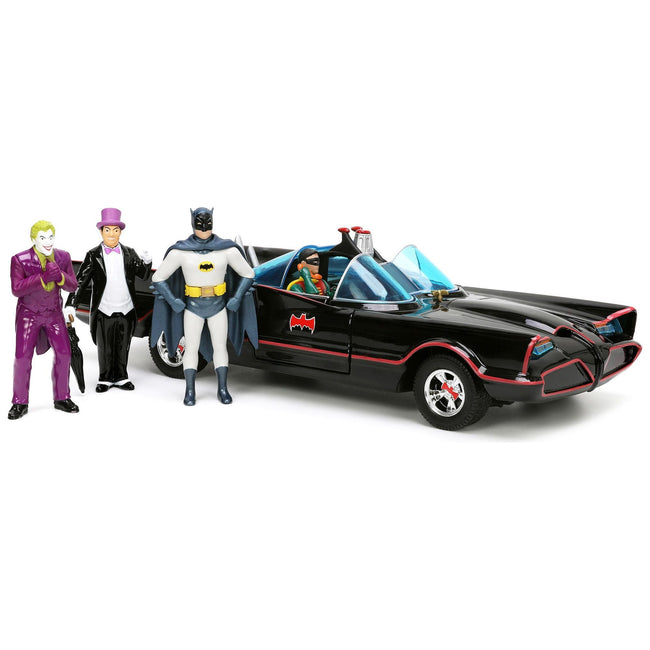 1966 Classic Batmobile with Diecast Batman The Joker The Penguin and Plastic Robin Sitting Inside The Car "Batman" TV Series (1966) "Hollywood Rides" Series 1/24 Diecast Model Car by Jada - Jada - ModelCars.com