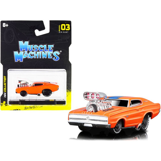 1966 Dodge Charger 426 C.I. Orange with Blue Stripe 1/64 Diecast Model Car by Muscle Machines - Muscle Machines - ModelCars.com