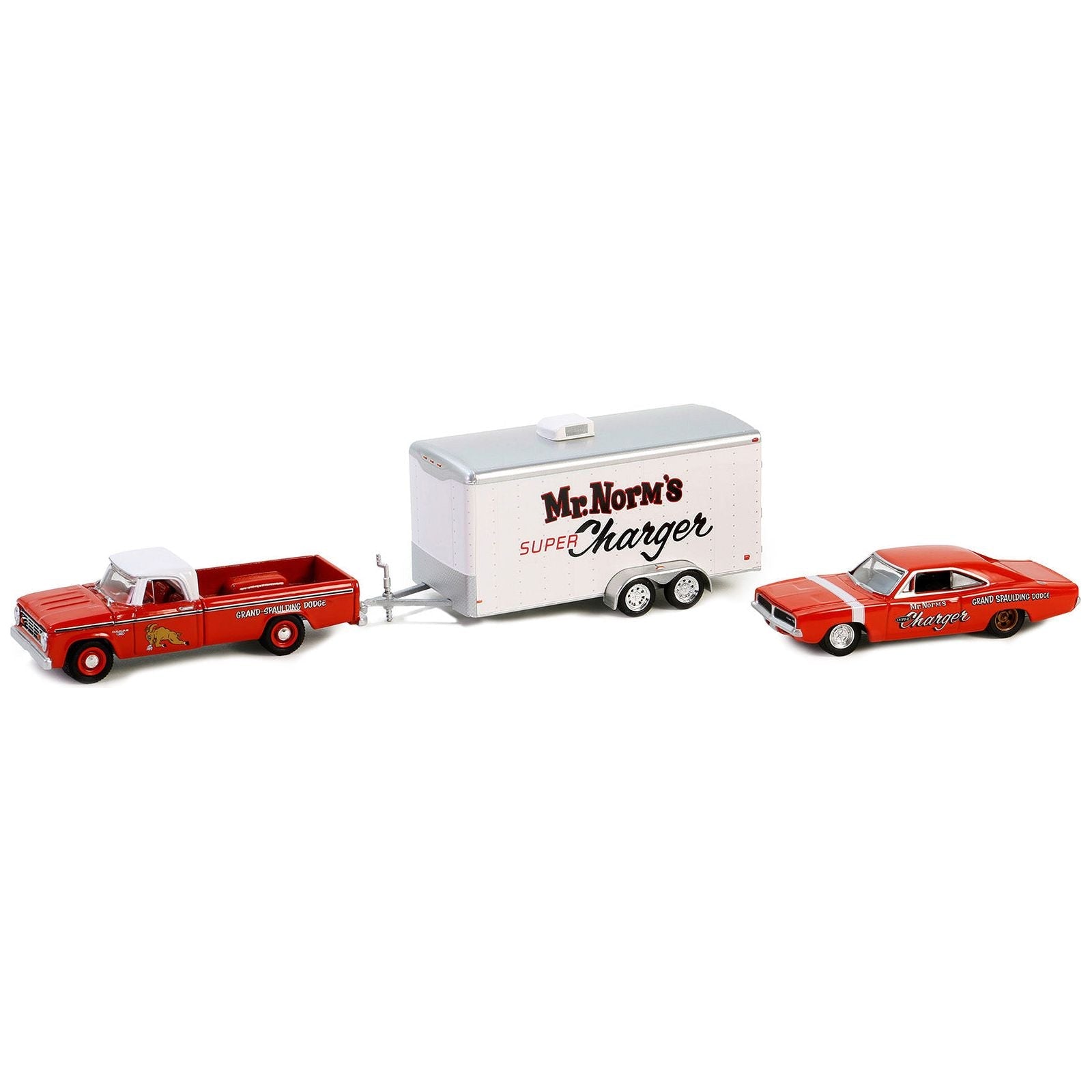 1966 Dodge D - 100 Pickup Truck Red with White Top and 1969 Dodge Super Charger Red with White Stripe with Enclosed Car Hauler "Mr. Norm’s Super Charger" "Racing Hitch & Tow" Series 5 1/64 Diecast Model Car by Greenlight - Greenlight - ModelCars.com