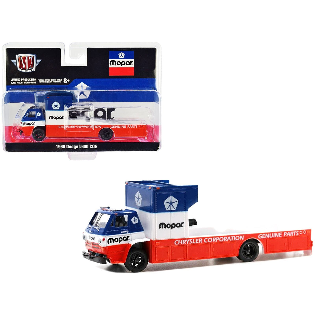 1966 Dodge L600 COE Ramp Truck Red and White with Blue Top "MOPAR" Limited Edition to 8250 pieces Worldwide 1/64 Diecast Model by M2 Machines-M2-ModelCars.com