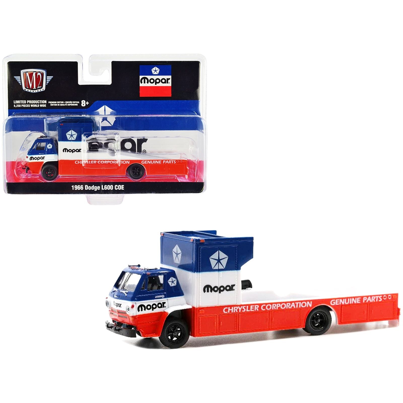 1966 Dodge L600 COE Ramp Truck Red and White with Blue Top "MOPAR" Limited Edition to 8250 pieces Worldwide 1/64 Diecast Model by M2 Machines - M2 - ModelCars.com