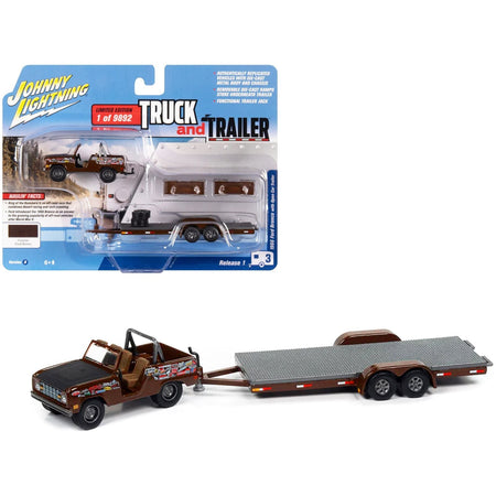 1966 Ford Bronco Dark Brown with Black Hood and Graphics with Open Trailer Limited Edition to 9892 pieces Worldwide "Truck and Trailer" Series 1/64 Diecast Model Car by Johnny Lightning-Johnny Lightning-ModelCars.com
