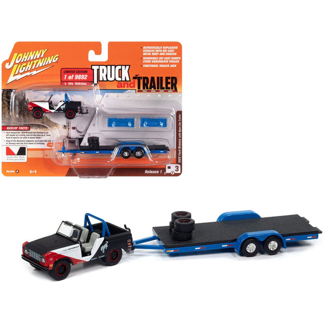 1966 Ford Bronco "Ford Performance" Black with Red and White Accents with Open Trailer Limited Edition to 9892 pieces Worldwide "Truck and Trailer" Series 1/64 Diecast Model Car by Johnny Lightning - Johnny Lightning - ModelCars.com
