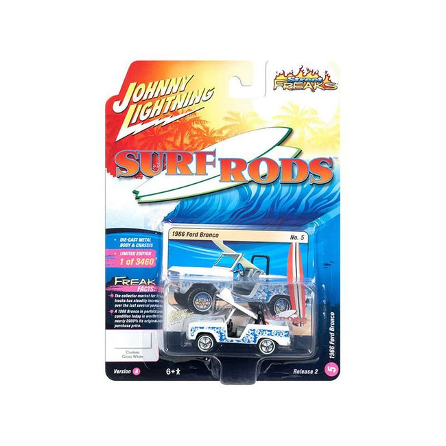 1966 Ford Bronco with Surf Board White and Blue Designs "Street Freaks" Limited Edition to 3460 pieces Worldwide 1/64 Diecast Model Car by Johnny Lightning - Johnny Lightning - ModelCars.com
