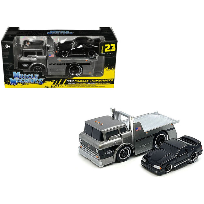 1966 Ford C600 Flatbed Truck Gray Metallic and 1993 Ford Mustang SVT Cobra Black "Toyo Tires" "Muscle Transports" Series 1/64 Diecast Models by Muscle Machines - Muscle Machines - ModelCars.com