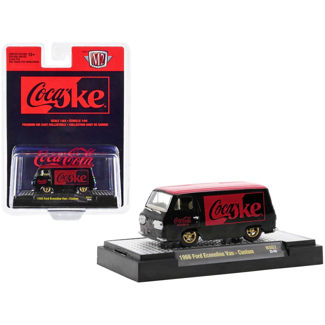 1966 Ford Econoline Custom Van "Coca-Cola" Black with Coke Red Top Limited Edition to 3850 pieces Worldwide 1/64 Diecast Model Car by M2 Machines-M2-ModelCars.com