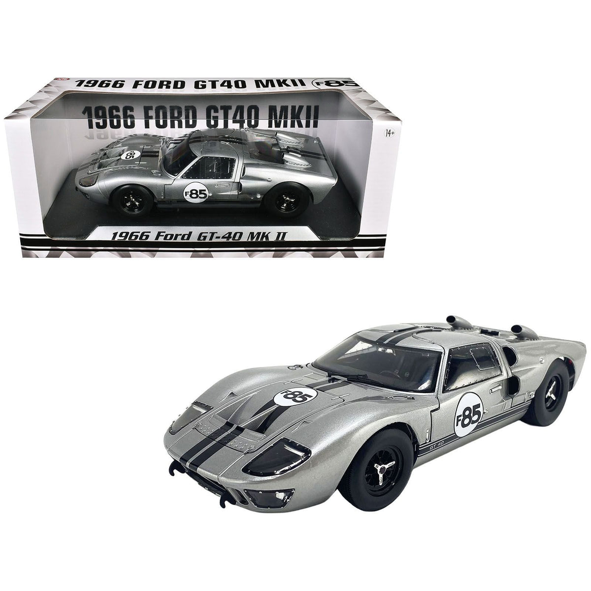1966 Ford GT-40 MKII #F85 Silver Metallic with Black Stripes 1/18 Diecast Model Car by ACME-Acme-ModelCars.com