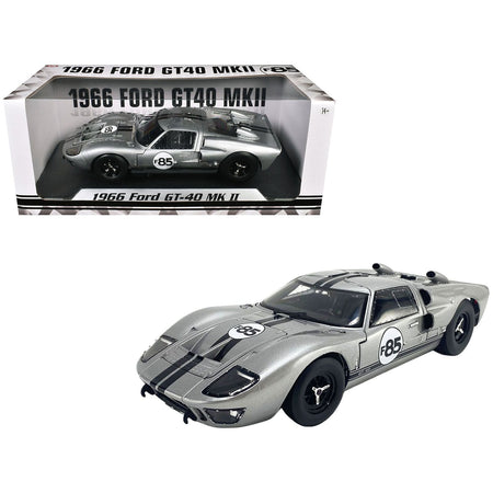 1966 Ford GT-40 MKII #F85 Silver Metallic with Black Stripes 1/18 Diecast Model Car by ACME-Acme-ModelCars.com