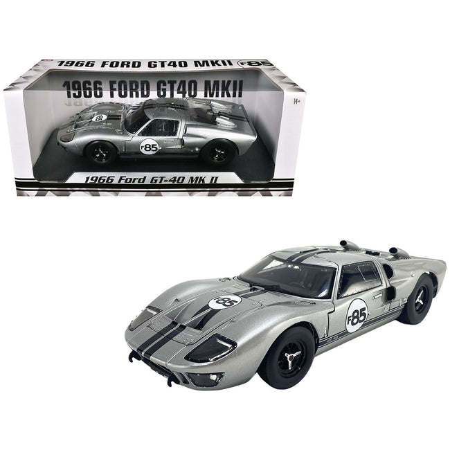 1966 Ford GT-40 MKII #F85 Silver Metallic with Black Stripes 1/18 Diecast Model Car by ACME-Acme-ModelCars.com
