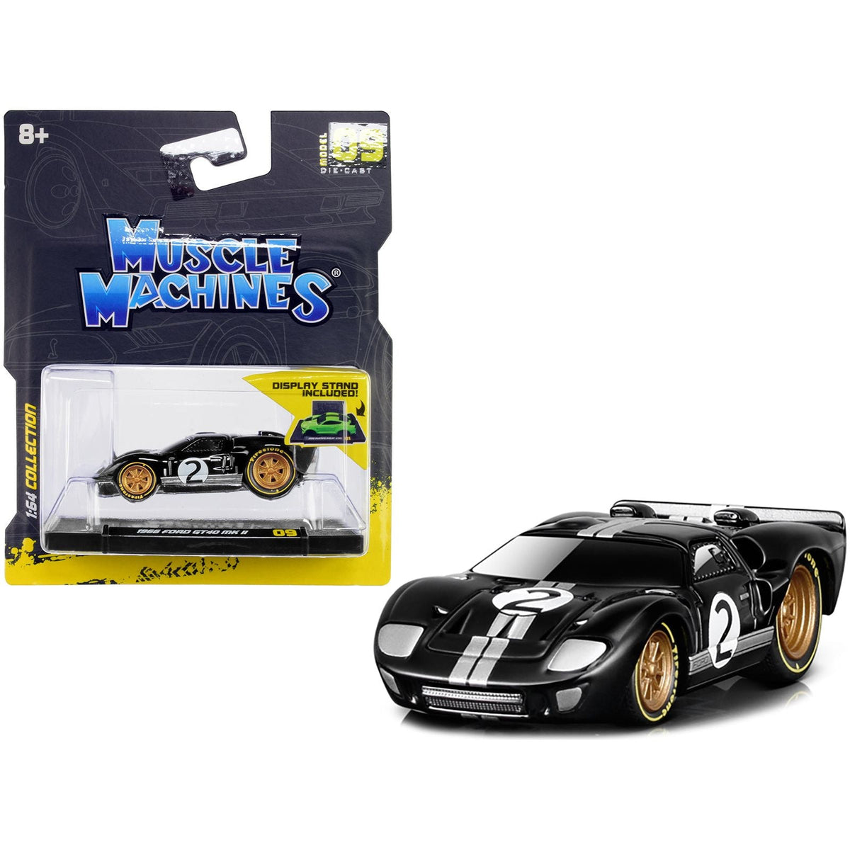 1966 Ford GT40 MKII 2 Black with Silver Stripes and Gold Wheels 1/64 Diecast Model Car by Muscle Machines - Muscle Machines - ModelCars.com