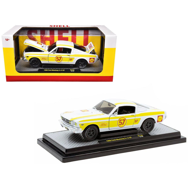 1966 Ford Mustang 2+2 GT #57 "Shell Oil" White with Yellow Stripes Limited Edition to 5650 pieces Worldwide 1/24 Diecast Model Car by M2 Machines-M2-ModelCars.com