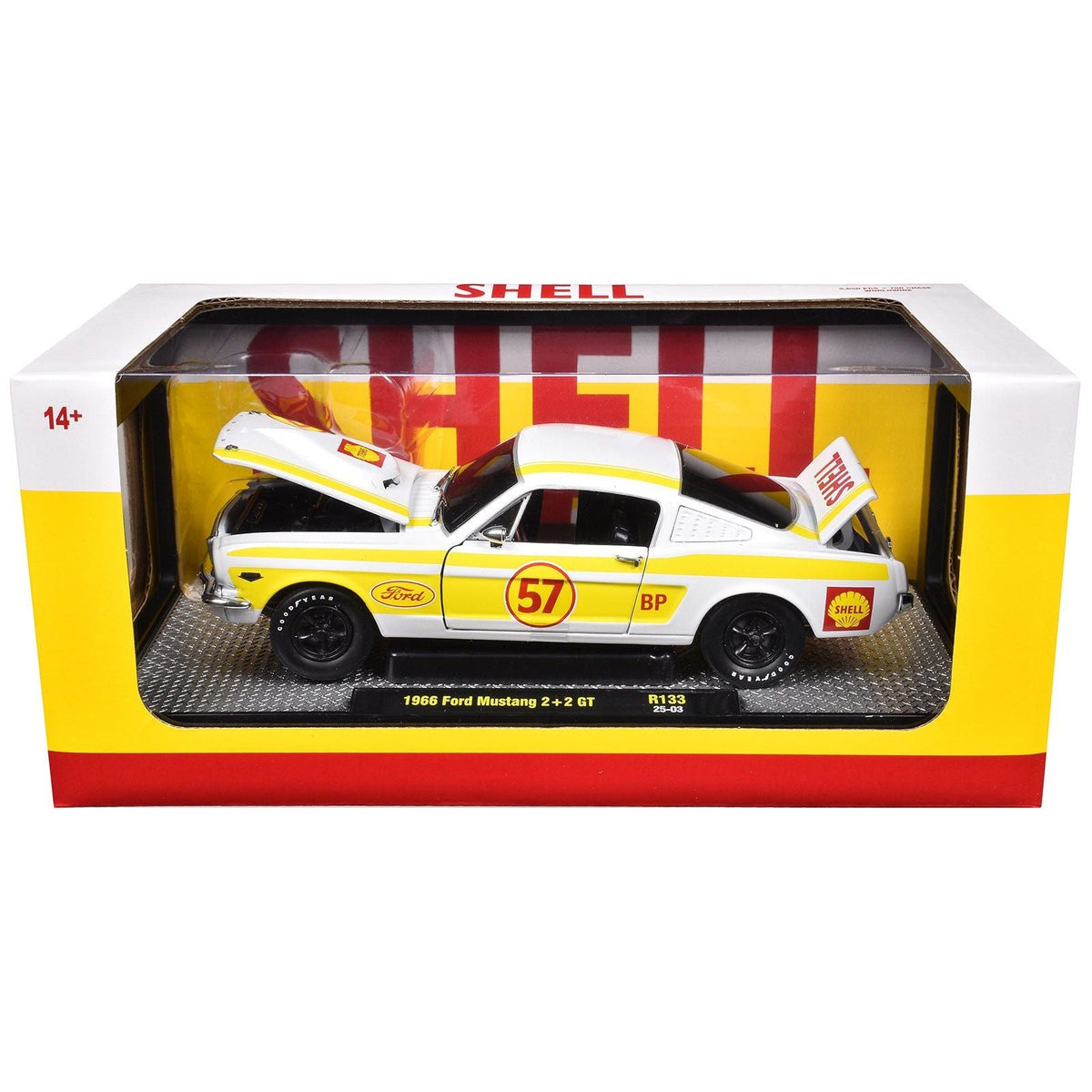 1966 Ford Mustang 2+2 GT #57 "Shell Oil" White with Yellow Stripes Limited Edition to 5650 pieces Worldwide 1/24 Diecast Model Car by M2 Machines-M2-ModelCars.com