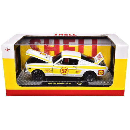 1966 Ford Mustang 2+2 GT #57 "Shell Oil" White with Yellow Stripes Limited Edition to 5650 pieces Worldwide 1/24 Diecast Model Car by M2 Machines-M2-ModelCars.com