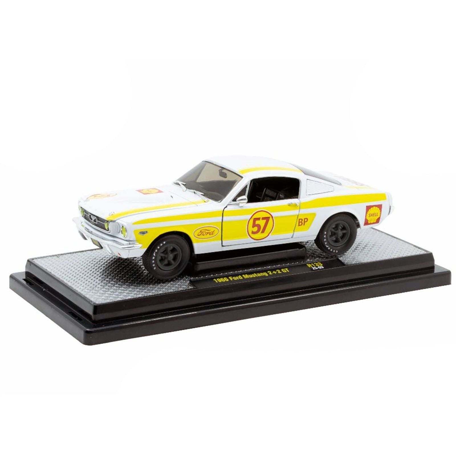 1966 Ford Mustang 2+2 GT 57 "Shell Oil" White with Yellow Stripes Limited Edition to 5650 pieces Worldwide 1/24 Diecast Model Car by M2 Machines - M2 - ModelCars.com