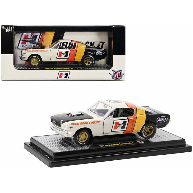 1966 Ford Mustang Fastback 2+2 Off White and Black with Red and Yellow Stripes "Hurst Shifters" Limited Edition to 6000 pieces Worldwide 1/24 Diecast Model Car by M2 Machines - M2 - ModelCars.com