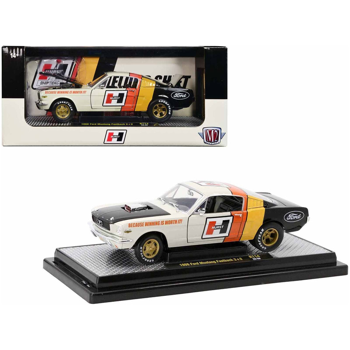 1966 Ford Mustang Fastback 2+2 Off White and Black with Red and Yellow Stripes "Hurst Shifters" Limited Edition to 6000 pieces Worldwide 1/24 Diecast Model Car by M2 Machines-M2-ModelCars.com