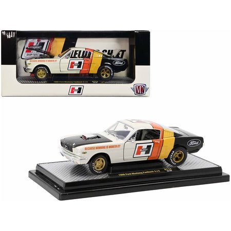 1966 Ford Mustang Fastback 2+2 Off White and Black with Red and Yellow Stripes "Hurst Shifters" Limited Edition to 6000 pieces Worldwide 1/24 Diecast Model Car by M2 Machines-M2-ModelCars.com
