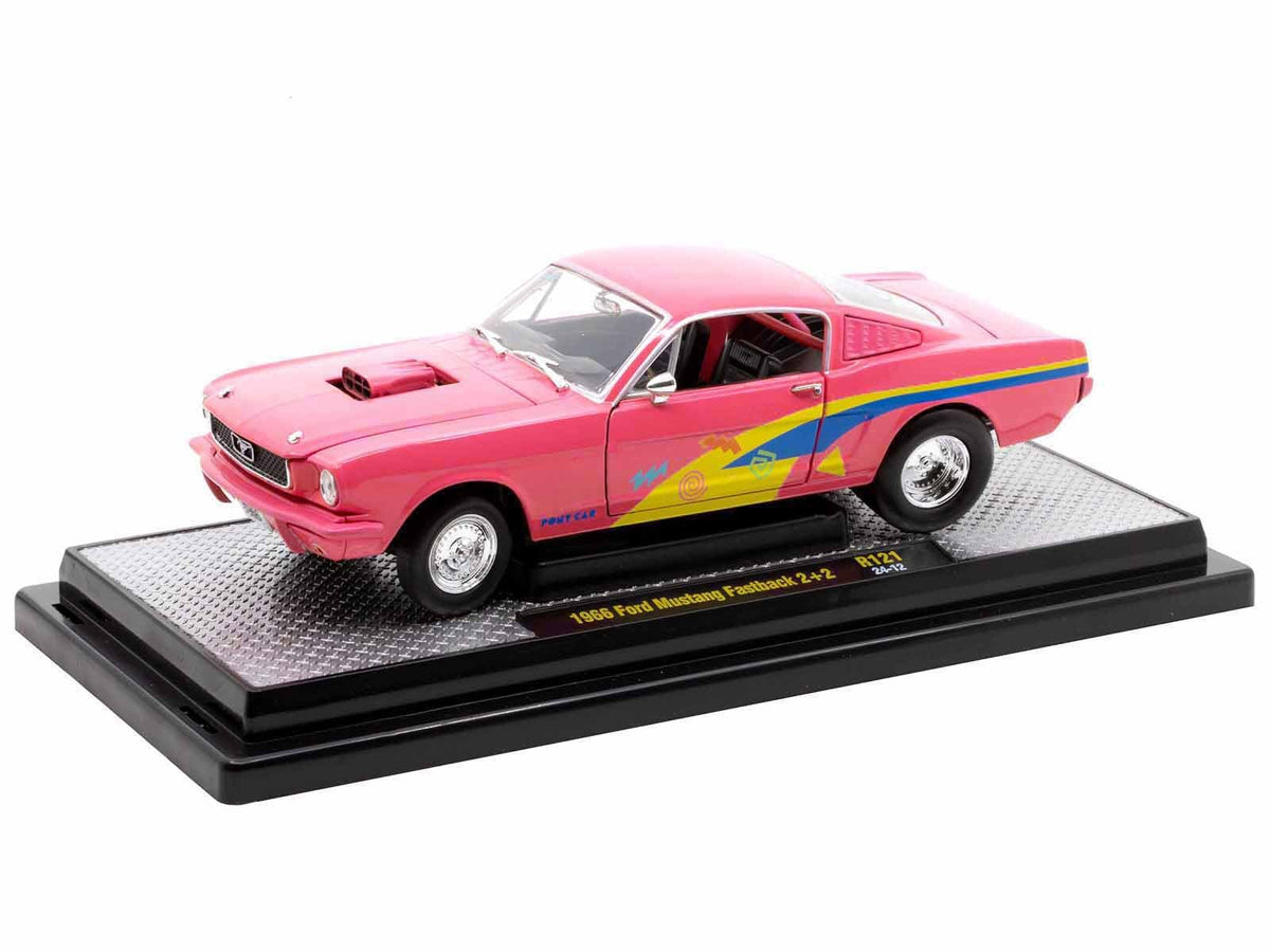 1966 Ford Mustang Fastback 2+2 Pink with Blue and Yellow Stripes "Pro Street" Limited Edition to 6250 pieces Worldwide 1/24 Diecast Model Car by M2 Machines-M2-ModelCars.com