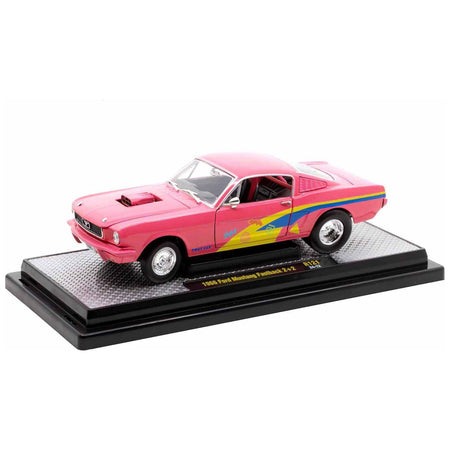 1966 Ford Mustang Fastback 2+2 Pink with Blue and Yellow Stripes "Pro Street" Limited Edition to 6250 pieces Worldwide 1/24 Diecast Model Car by M2 Machines - M2 - ModelCars.com
