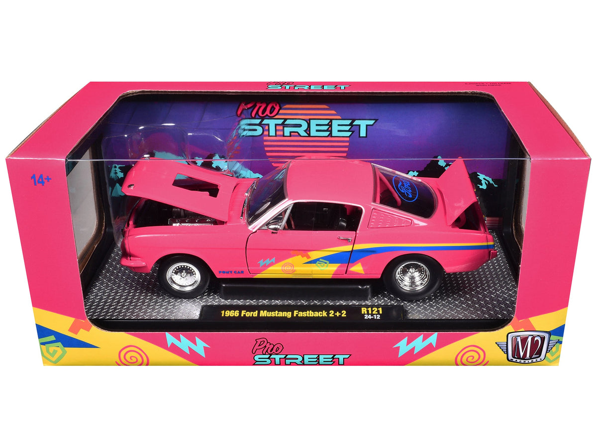 1966 Ford Mustang Fastback 2+2 Pink with Blue and Yellow Stripes "Pro Street" Limited Edition to 6250 pieces Worldwide 1/24 Diecast Model Car by M2 Machines-M2-ModelCars.com