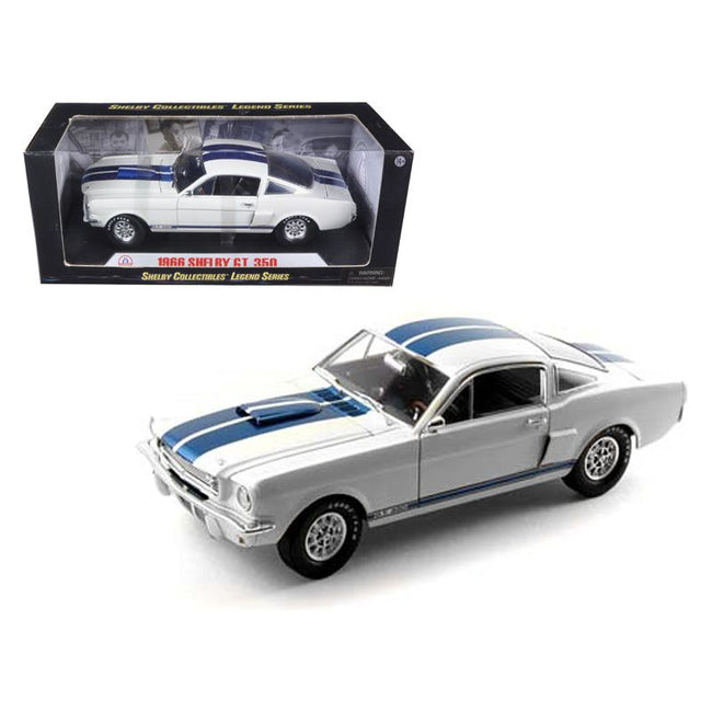 1966 Ford Mustang Shelby GT350 White with Blue Stripes 1/18 Diecast Model Car by Shelby Collectibles - Shelby Collectibles - ModelCars.com