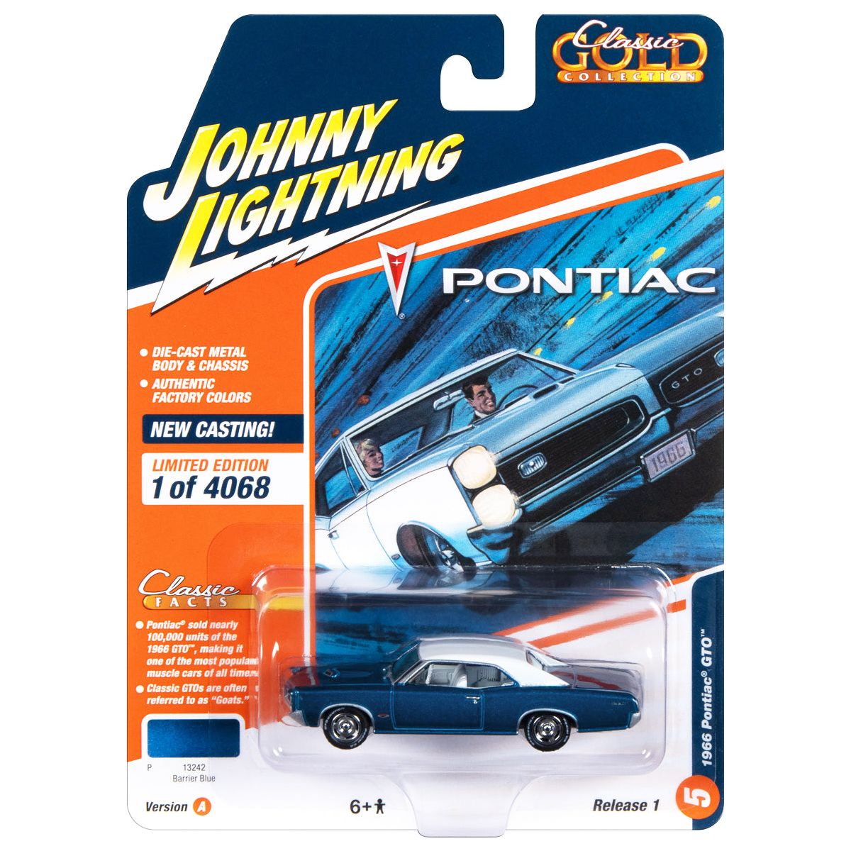 1966 Pontiac GTO Barrier Blue Metallic with White Top and White Interior "Classic Gold Collection" 2023 Release 1 Limited Edition to 4068 pieces Worldwide 1/64 Diecast Model Car by Johnny Lightning-Johnny Lightning-ModelCars.com