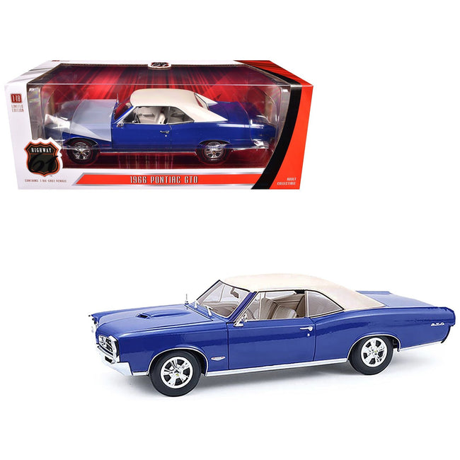 1966 Pontiac GTO Barrier Blue with White Top and Interior 1/18 Diecast Model Car by Highway 61-Highway 61-ModelCars.com