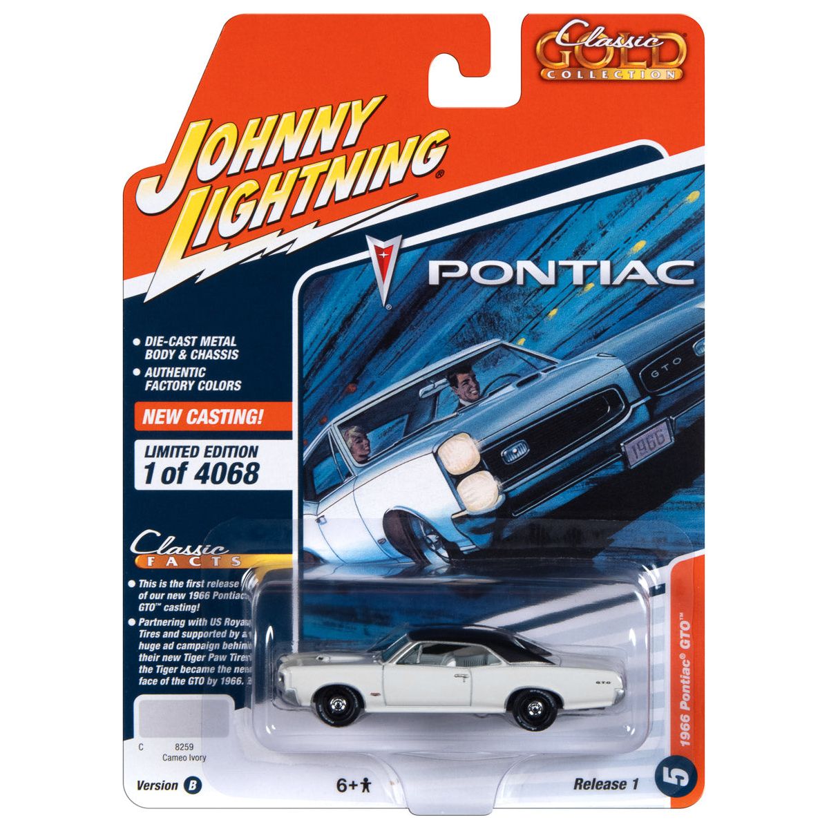 1966 Pontiac GTO Cameo Ivory with Black Top and White Interior "Classic Gold Collection" 2023 Release 1 Limited Edition to 4068 pieces Worldwide 1/64 Diecast Model Car by Johnny Lightning-Johnny Lightning-ModelCars.com