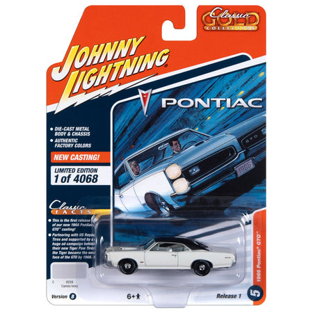 1966 Pontiac GTO Cameo Ivory with Black Top and White Interior "Classic Gold Collection" 2023 Release 1 Limited Edition to 4068 pieces Worldwide 1/64 Diecast Model Car by Johnny Lightning-Johnny Lightning-ModelCars.com