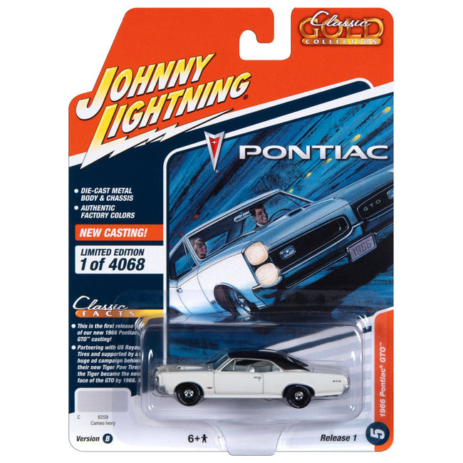 1966 Pontiac GTO Cameo Ivory with Black Top and White Interior "Classic Gold Collection" 2023 Release 1 Limited Edition to 4068 pieces Worldwide 1/64 Diecast Model Car by Johnny Lightning-Johnny Lightning-ModelCars.com