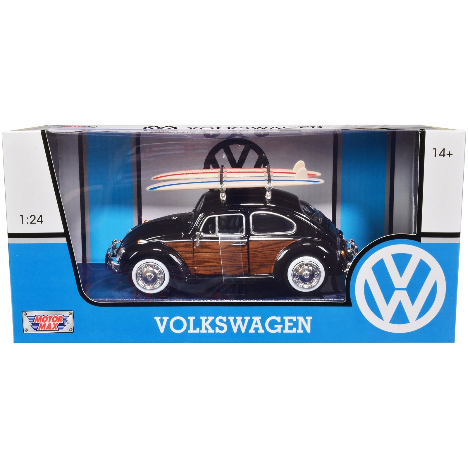 1966 Volkswagen Beetle Black with Wood Panels and Two Surfboards on Roof Rack 1/24 Diecast Model Car by Motormax - Motormax - ModelCars.com