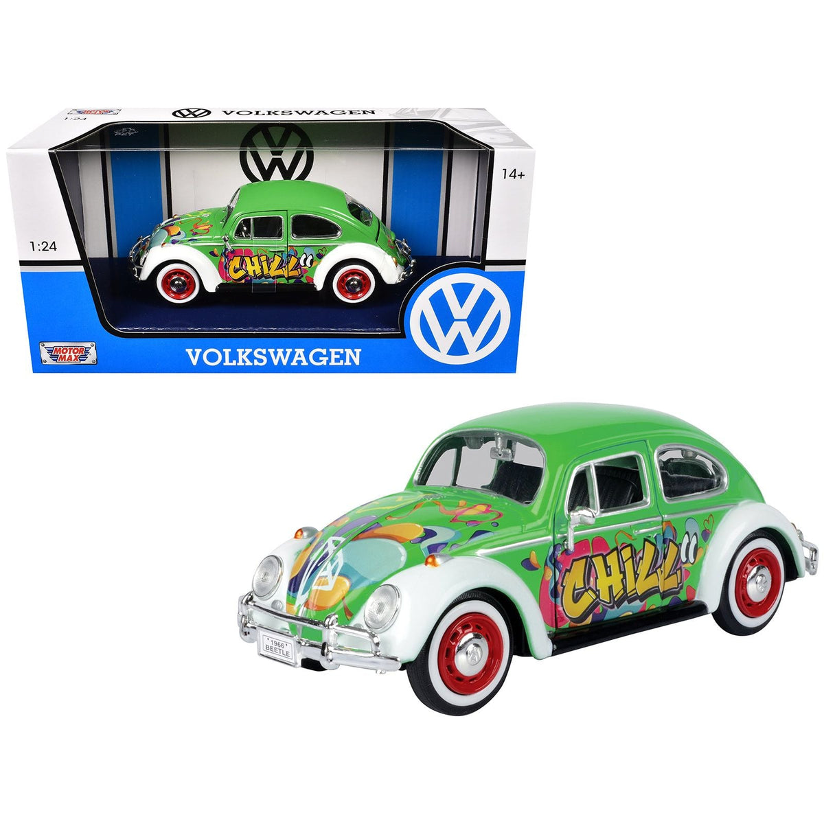 1966 Volkswagen Beetle Green with Graffiti Graphics 1/24 Diecast Model Car by Motormax-Motormax-ModelCars.com