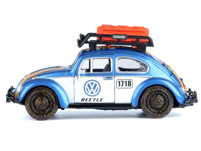 1966 Volkswagen Beetle Off Road #1718 Blue Metallic and White with German Flag Stripes and Roof Rack Accessories 1/24 Diecast Model Car by Motormax-Motormax-ModelCars.com