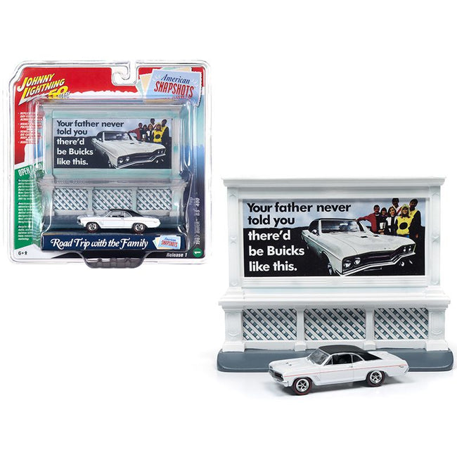 1967 Buick GS 400 White with "Buick" City Billboard "Johnny Lightning 50th Anniversary" 1/64 Diecast Model Car by Johnny Lightning-Johnny Lightning-ModelCars.com