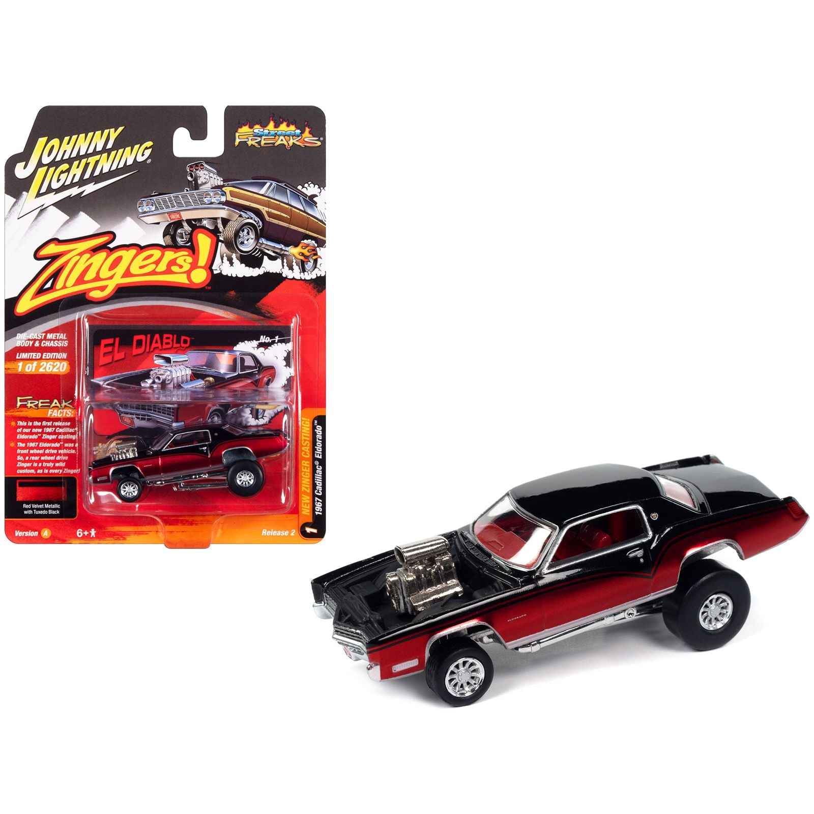 1967 Cadillac Eldorado "El Diablo" Tuxedo Black and Red Velvet Metallic "Zingers!" Limited Edition to 2620 pieces Worldwide "Street Freaks" Series 1/64 Diecast Model Car by Johnny Lightning - Johnny Lightning - ModelCars.com