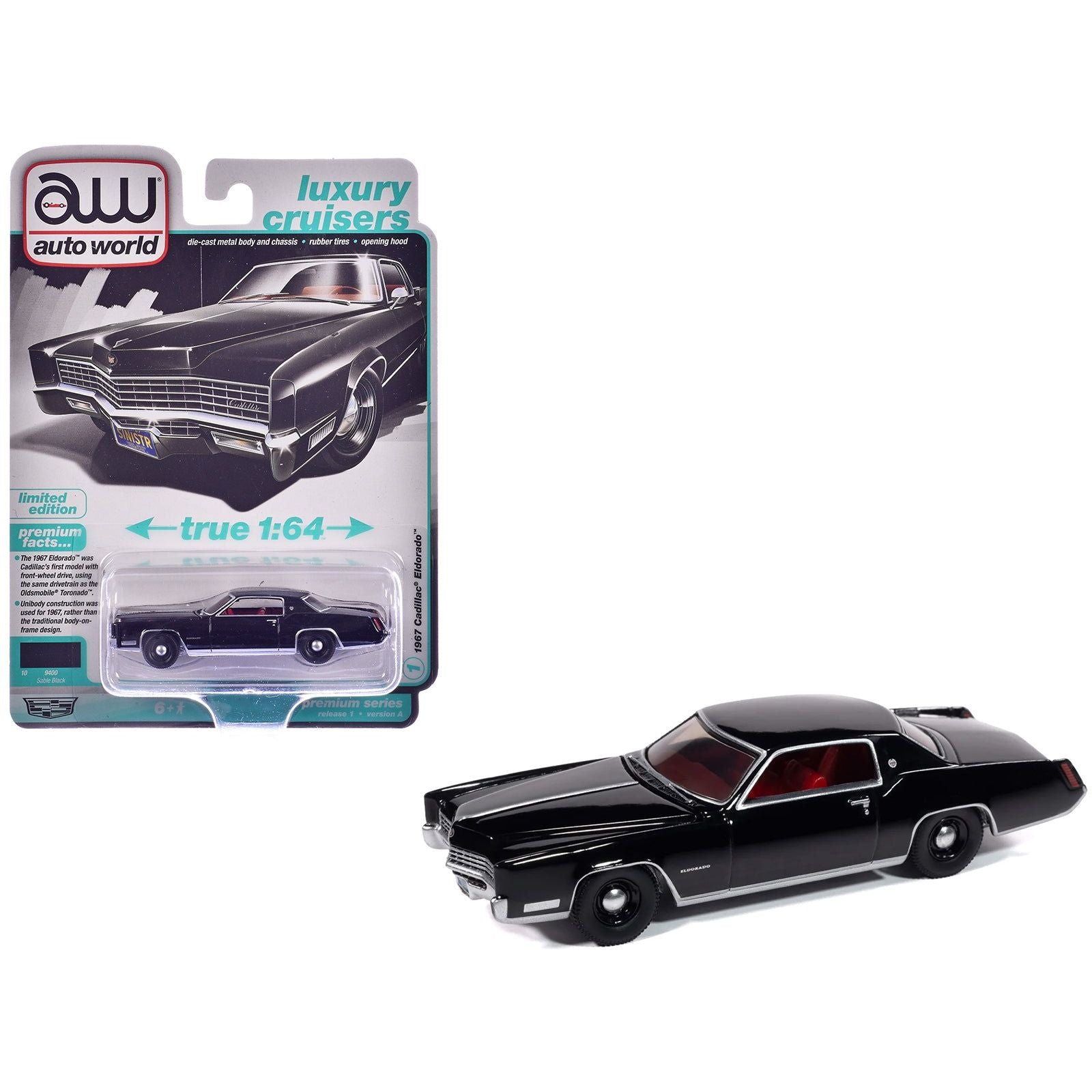 1967 Cadillac Eldorado Sable Black with Red Interior "Luxury Cruisers" Series 1/64 Diecast Model Car by Auto World - Autoworld - ModelCars.com