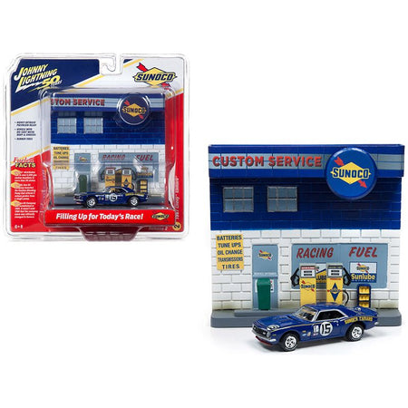 1967 Chevrolet Camaro 15 "Sunoco" with "Sunoco" Exterior Service Gas Station Facade Diorama Set "Johnny Lightning 50th Anniversary" 1/64 Diecast Model Car by Johnny Lightning - Johnny Lightning - ModelCars.com