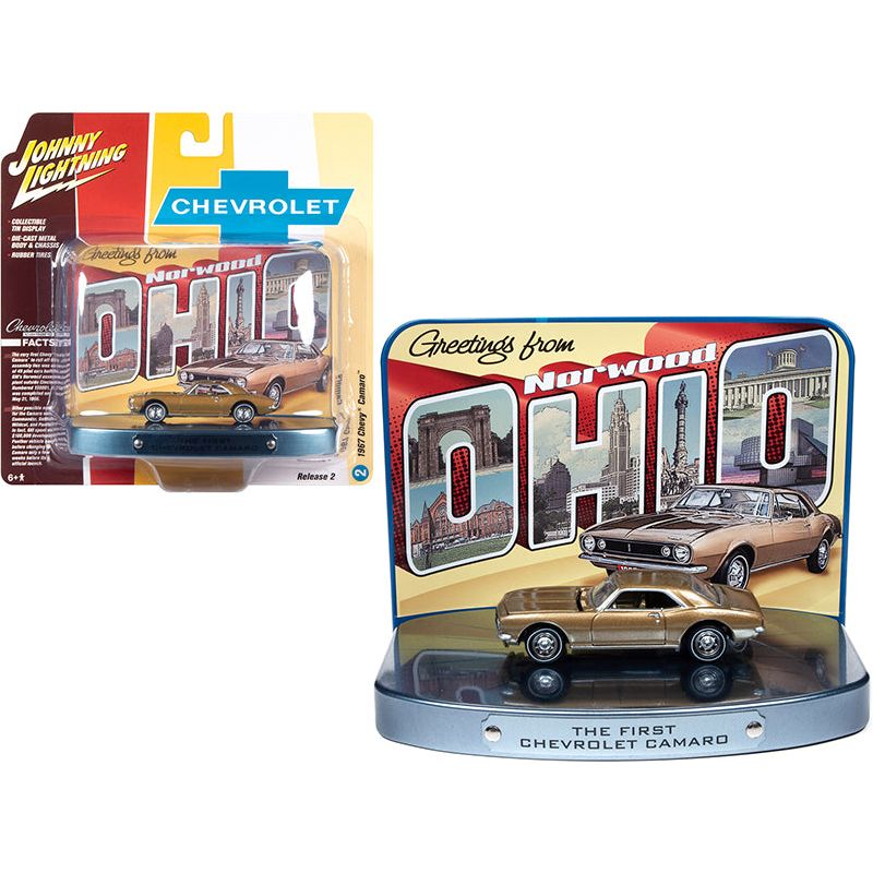 1967 Chevrolet Camaro Gold with Gold Interior with Collectible Tin Display "The First Chevrolet Camaro" "Greetings from Norwood - Birth Place of the Camaro" 1/64 Diecast Model Car by Johnny Lightning-Johnny Lightning-ModelCars.com