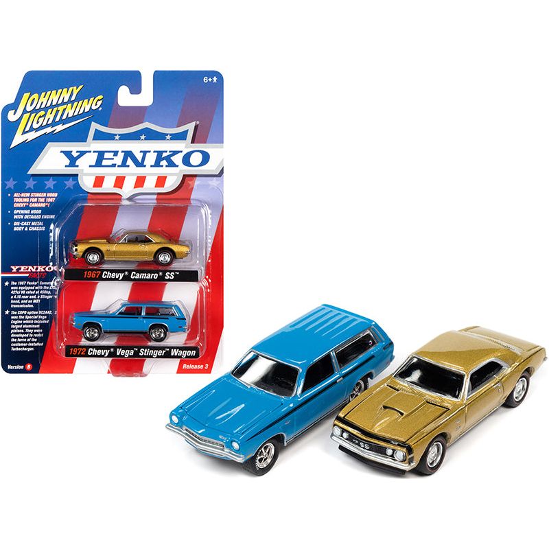 1967 Chevrolet Camaro SS Gold Metallic and 1972 Chevrolet Vega Stinger Wagon Blue "YENKO" Set of 2 Cars 1/64 Diecast Model Cars by Johnny Lightning-Johnny Lightning-ModelCars.com