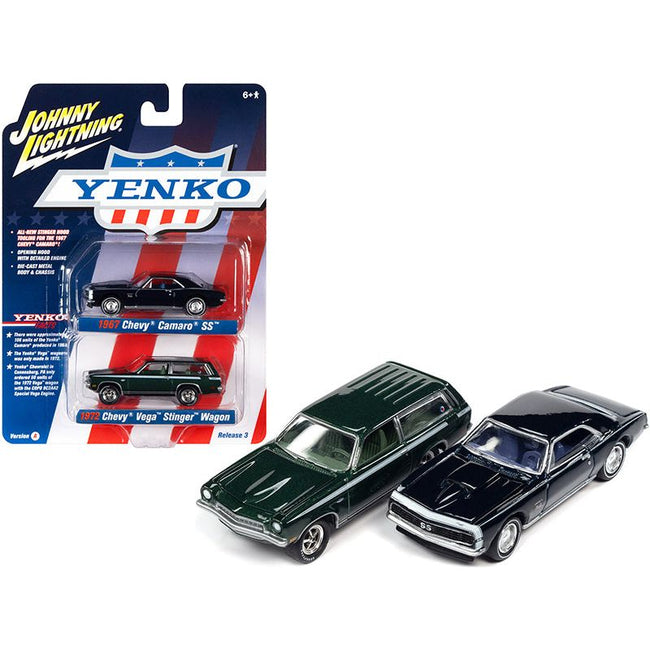 1967 Chevrolet Camaro SS Royal Plum Metallic and 1972 Chevrolet Vega Stinger Wagon Dark Green Metallic "YENKO" Set of 2 Cars 1/64 Diecast Model Cars by Johnny Lightning-Johnny Lightning-ModelCars.com