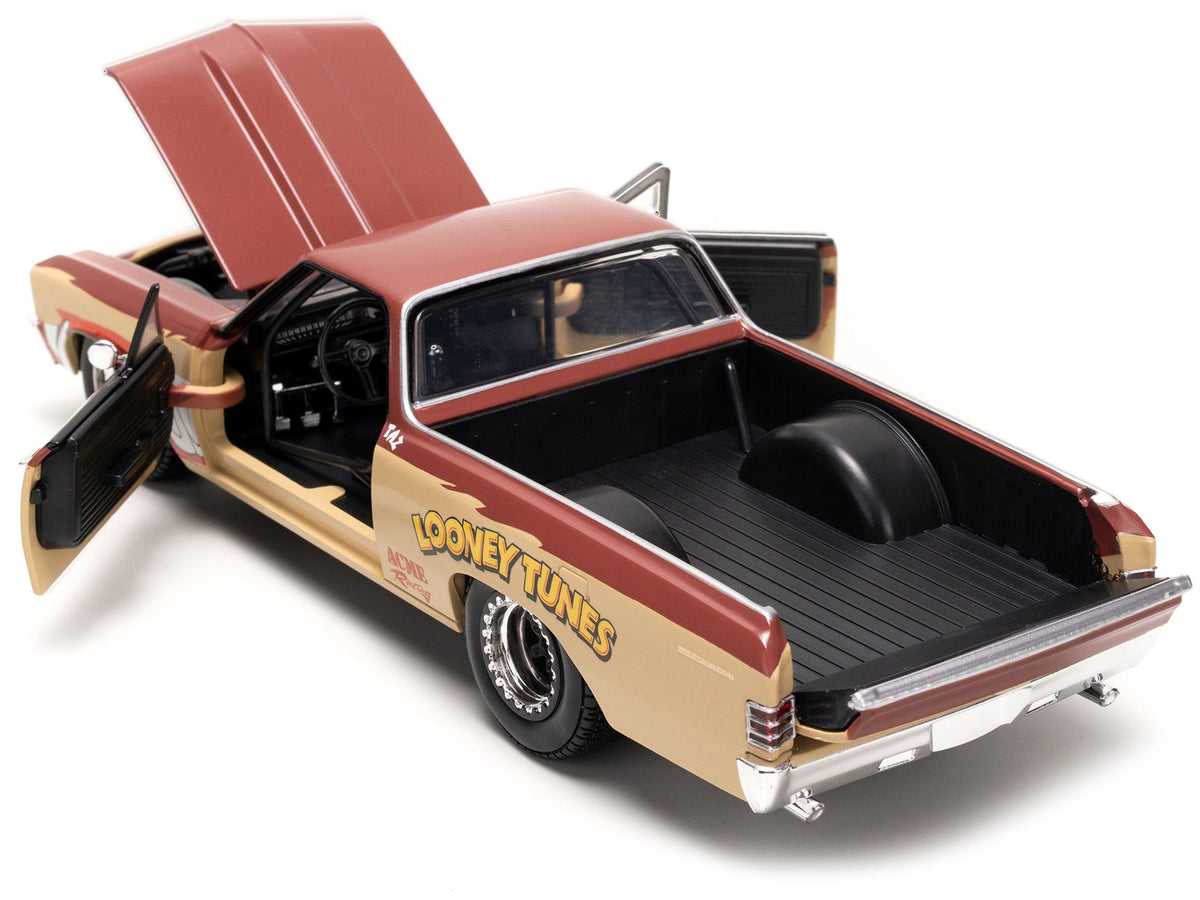 1967 Chevrolet El Camino Brown and Beige with Graphics and Tasmanian Devil (Taz) Diecast Figure "Looney Tunes" "Hollywood Rides" Series 1/24 Diecast Model Car by Jada-Jada-ModelCars.com