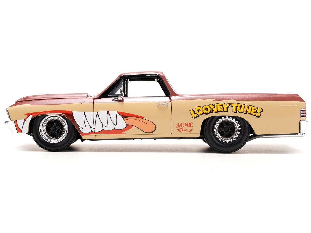 1967 Chevrolet El Camino Brown and Beige with Graphics and Tasmanian Devil (Taz) Diecast Figure "Looney Tunes" "Hollywood Rides" Series 1/24 Diecast Model Car by Jada-Jada-ModelCars.com
