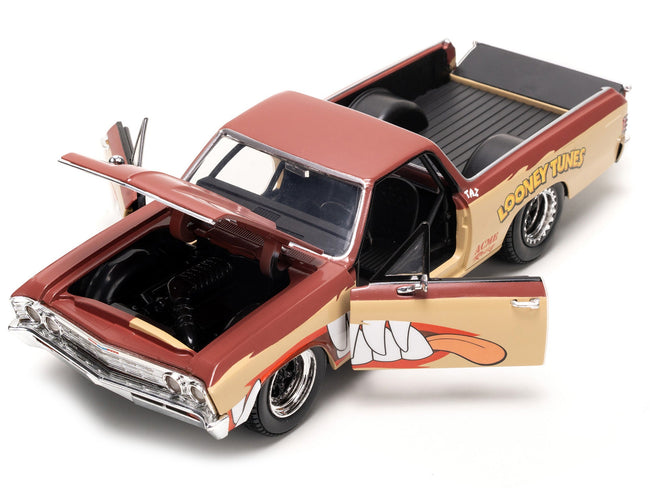 1967 Chevrolet El Camino Brown and Beige with Graphics and Tasmanian Devil (Taz) Diecast Figure "Looney Tunes" "Hollywood Rides" Series 1/24 Diecast Model Car by Jada-Jada-ModelCars.com