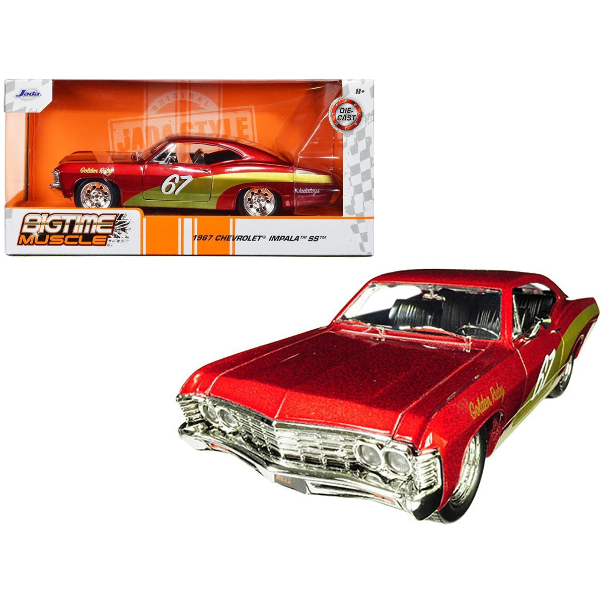 1967 Chevrolet Impala SS 67 "Golden Ruby" Red with Gold Stripes "Bigtime Muscle" 1/24 Diecast Model Car by Jada-Jada-ModelCars.com