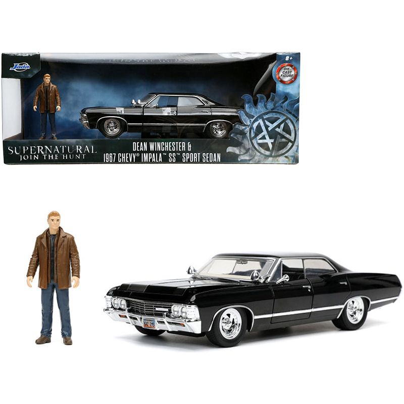 1967 Chevrolet Impala SS Sport Sedan Black and Dean Winchester Diecast Figurine "Supernatural" (2005-2020) TV Series "Hollywood Rides" Series 1/24 Diecast Model Car by Jada-Jada-ModelCars.com