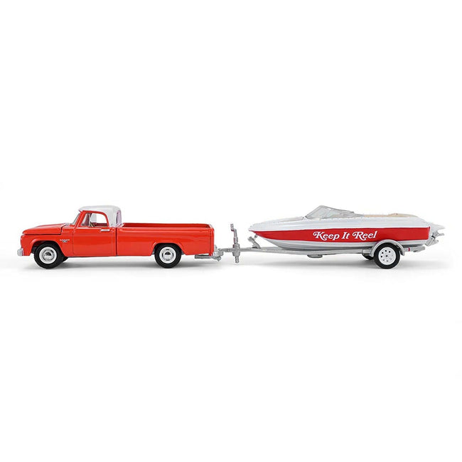 1967 Dodge D-100 Pickup Truck Red with White Top with Boat and Trailer "Hitch & Tow" Series 33 1/64 Diecast Model Cars by Greenlight-Greenlight-ModelCars.com